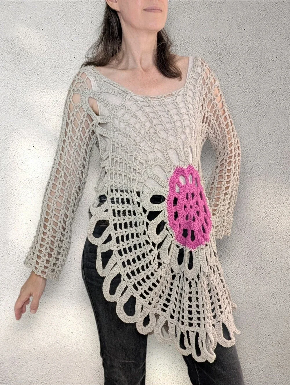 Boho Crochet Open Knit Sweater Asymmetrical Cover-up S/M